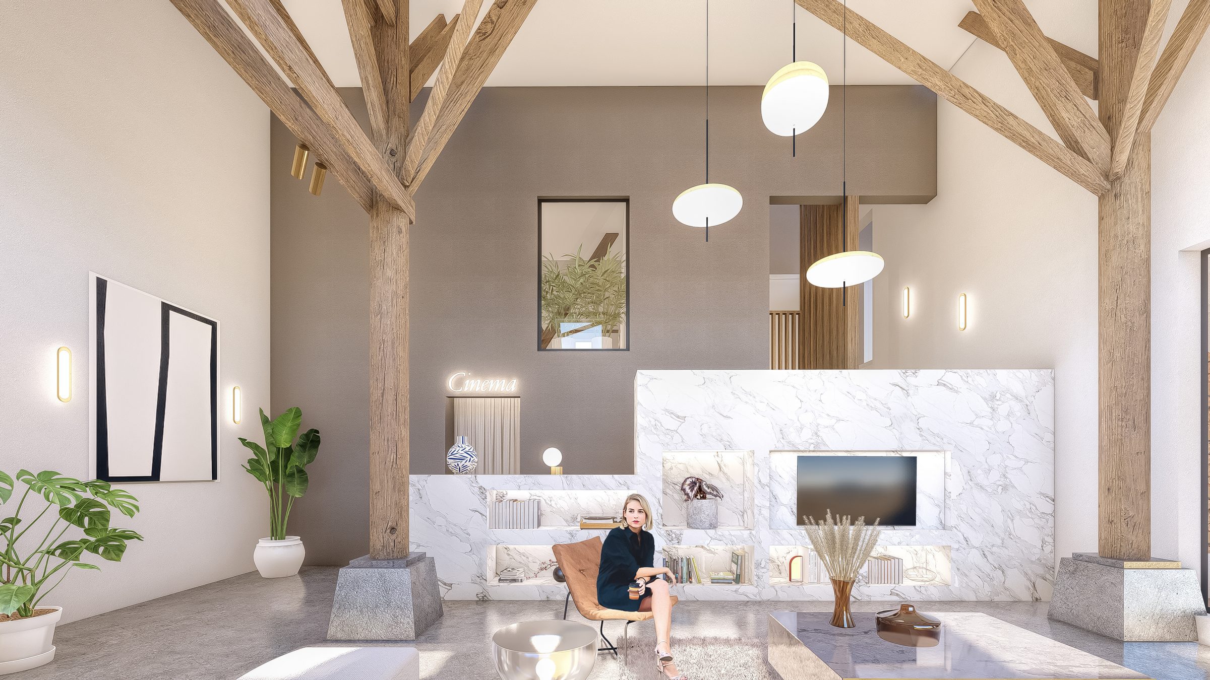 Characteristic wooden log structure is celebrated in the spatial design with seven-meter heigh ceiling of the contemporary living space design with bespoke marble wall cabinet hiding stairs to first floor. Concrete floor is covered with generous rugs for conformable seating. The living space is a design and built by MOST Architecture Rotterdam