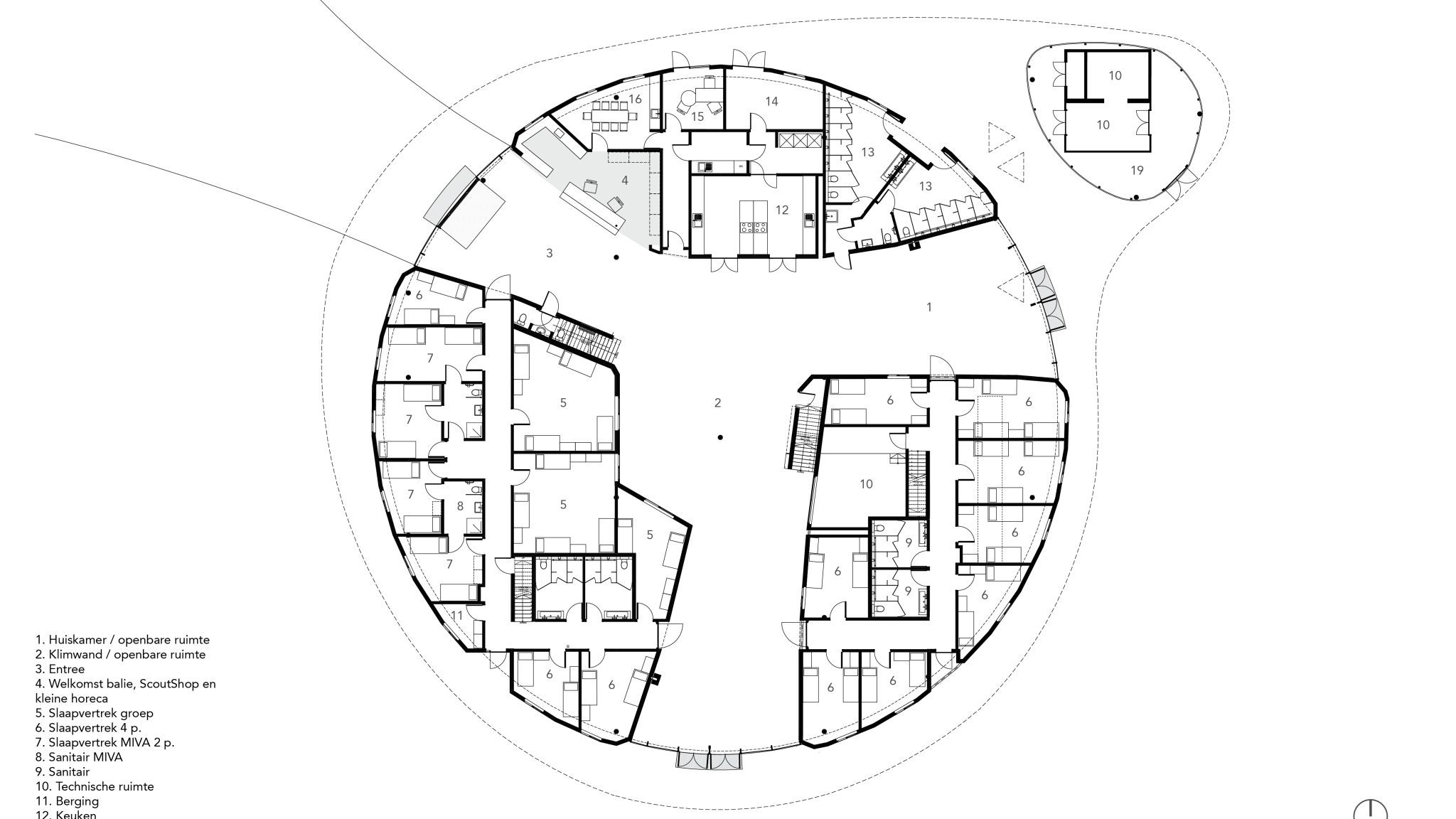 Ground floorpan of the Avonturenhuis on the Scoutinglandgoed Zeewolde a design by MOST Architecture Rotterdam