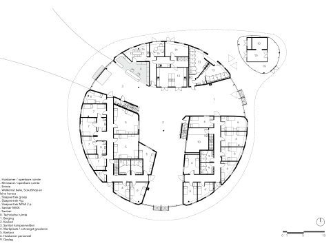 Ground floorpan of the Avonturenhuis on the Scoutinglandgoed Zeewolde a design by MOST Architecture Rotterdam