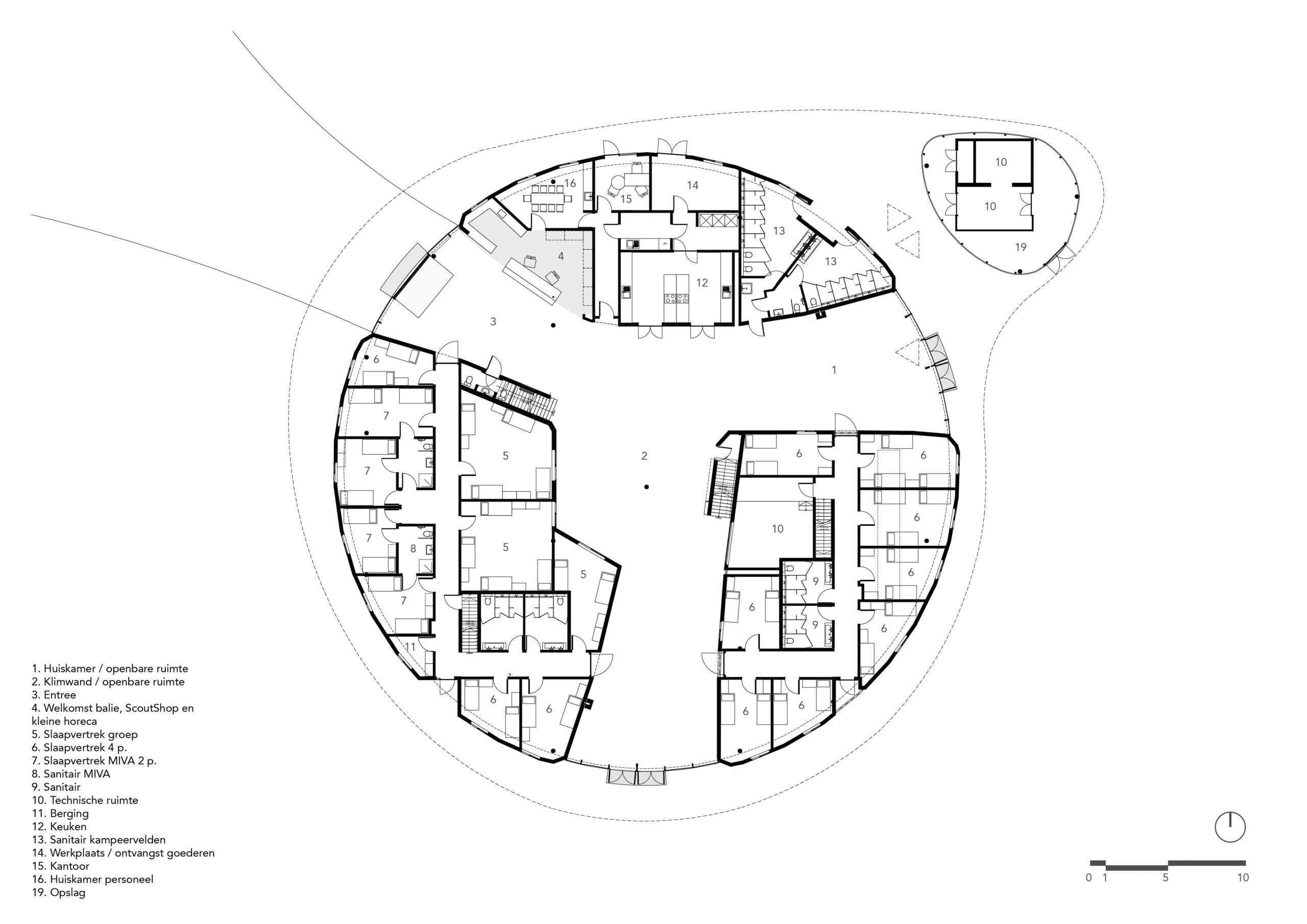 Ground floorpan of the Avonturenhuis on the Scoutinglandgoed Zeewolde a design by MOST Architecture Rotterdam