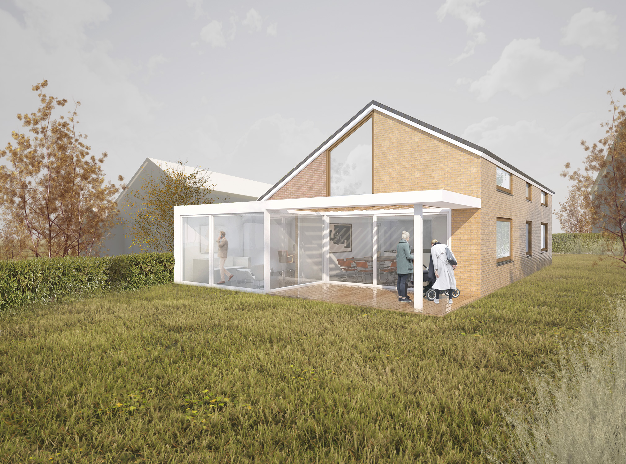 Architectural visualisation showing the two façades of the private residence as seen from the garden, featuring an operable glazed extension with adjacent semi-covered patio space on the ground floor. The asymmetrical façade articulation is emphasized by a darker and a lighter shade of buff color bricks, on either side of a floor-to-ceiling window on the upper floor. Design by MOST Architecture, Rotterdam.