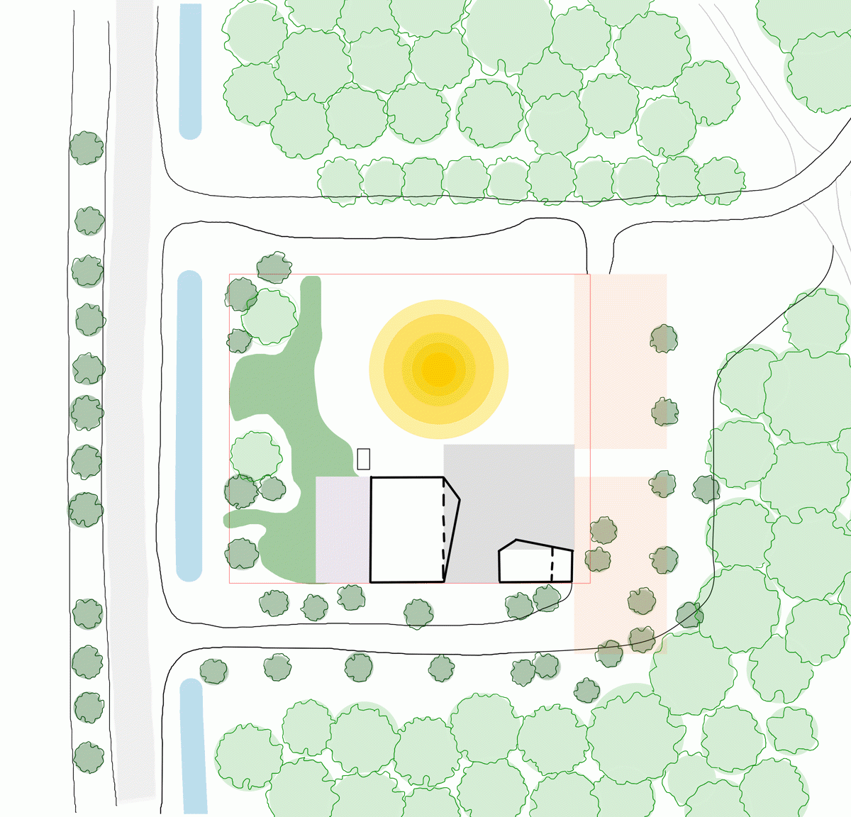 Site analysis diagrams showing project location, building orientation, views and massing development on the Scouting site designed by MOST Architecture, Rotterdam