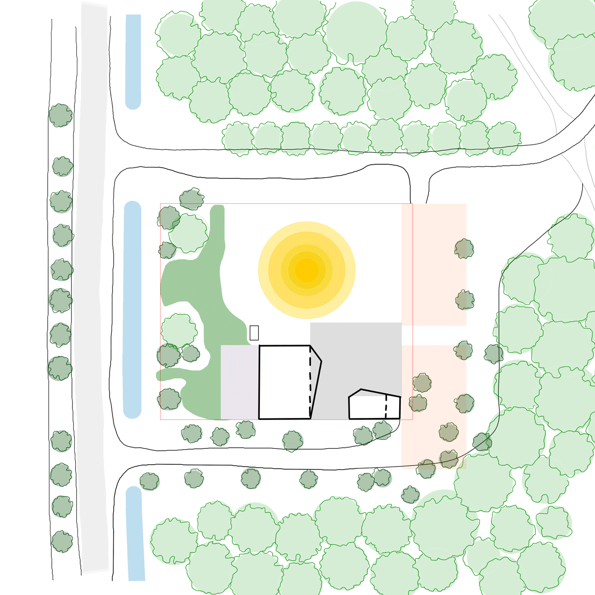 Site analysis diagrams showing project location, building orientation, views and massing development on the Scouting site designed by MOST Architecture, Rotterdam