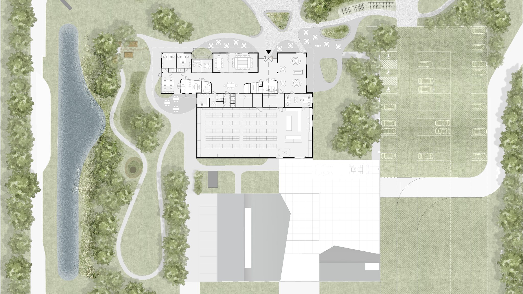 Ground floor site plan showing the preliminary design of the floor plan and the surrounding landscape for Scouting Basecamp. The recess in the floor plan and the façade bring nature close to the building. Careful planting and paving design create outdoor rooms with different character and affordances, including an outdoor amphitheater and a firepit, designed by MOST Architecture, Rotterdam