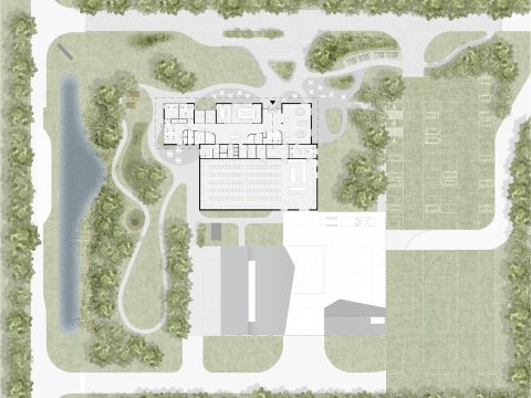 Ground floor site plan showing the preliminary design of the floor plan and the surrounding landscape for Scouting Basecamp. The recess in the floor plan and the façade bring nature close to the building. Careful planting and paving design create outdoor rooms with different character and affordances, including an outdoor amphitheater and a firepit, designed by MOST Architecture, Rotterdam