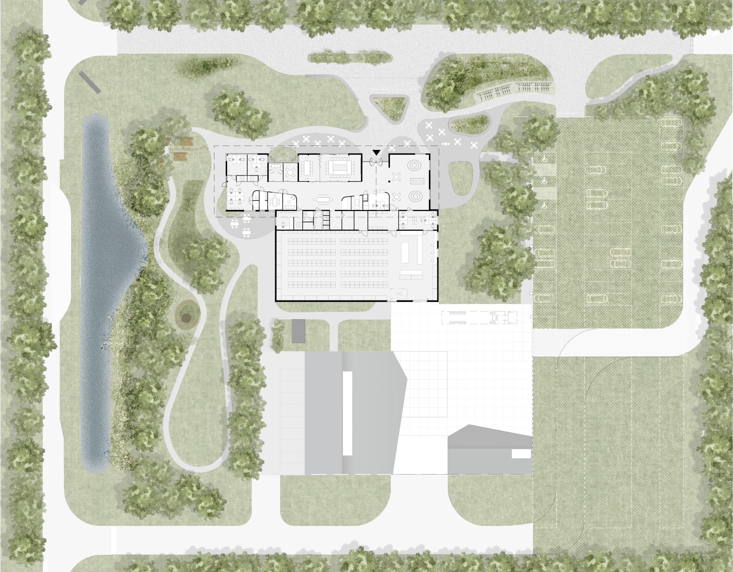 Ground floor site plan showing the preliminary design of the floor plan and the surrounding landscape for Scouting Basecamp. The recess in the floor plan and the façade bring nature close to the building. Careful planting and paving design create outdoor rooms with different character and affordances, including an outdoor amphitheater and a firepit, designed by MOST Architecture, Rotterdam