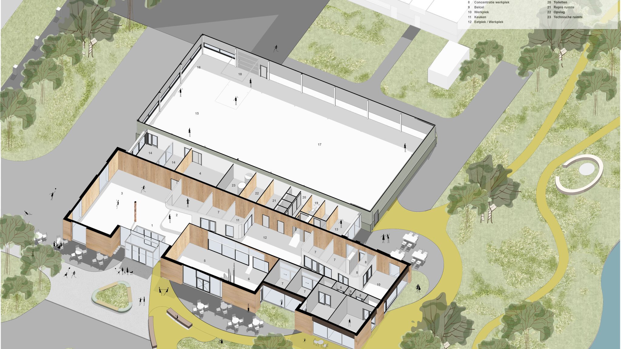 Sectional axonometric drawing showing an overview of the preliminary design, including the workspace, meeting rooms, exhibition area and storage facilities for the Scouting Basecamp, designed by MOST Architecture.