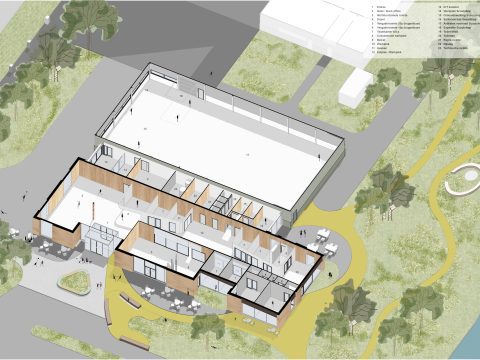 Sectional axonometric drawing showing an overview of the preliminary design, including the workspace, meeting rooms, exhibition area and storage facilities for the Scouting Basecamp, designed by MOST Architecture.