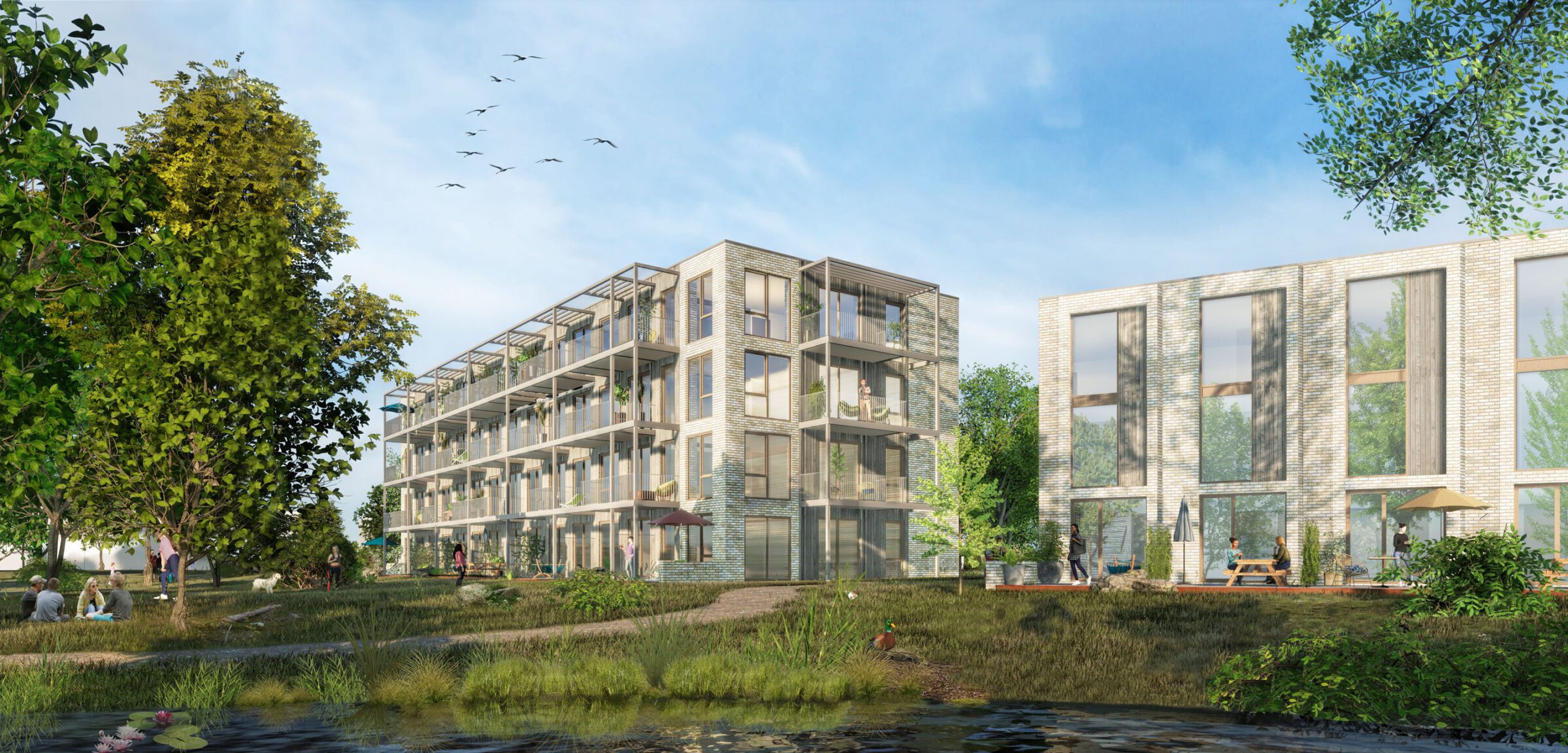 The serene overview of the entire houding complex in Leusden, featuring a peaceful park perfect for summer enjoyment right at the doorstep, designed by MOST Architecture