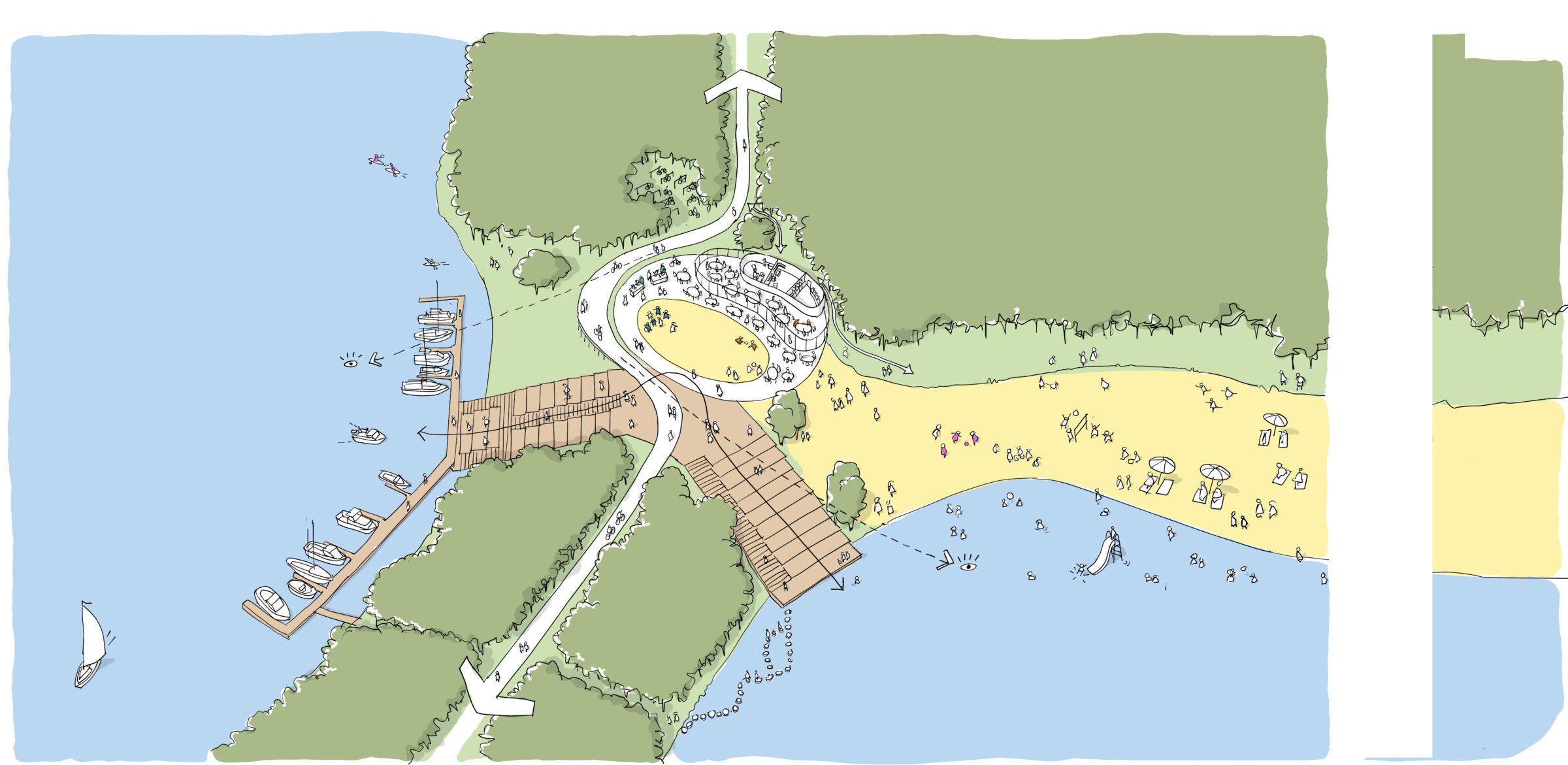 The pavilion with a panoramic view over landscape and water, designed by MOST Architecture In collaboration with Studio Larkemika and Magnus Weightman