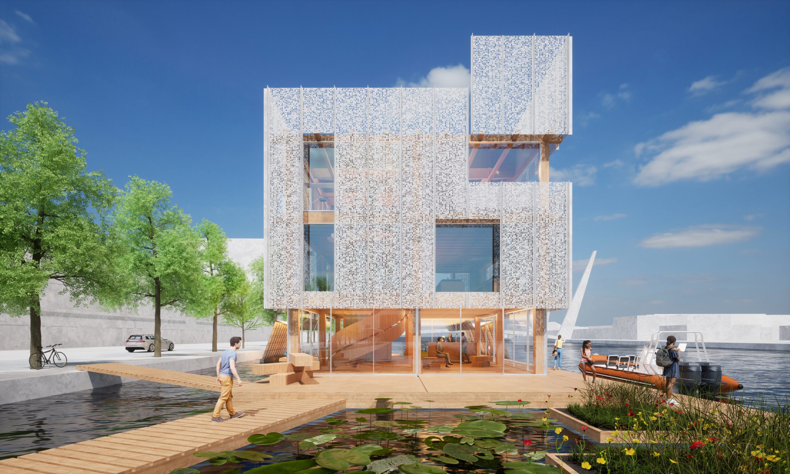 The welcoming entrance of the office in the harbour of Haarlem, designed by MOST Architecture in collaboration with Studio Larkemika and Magnus Weightman