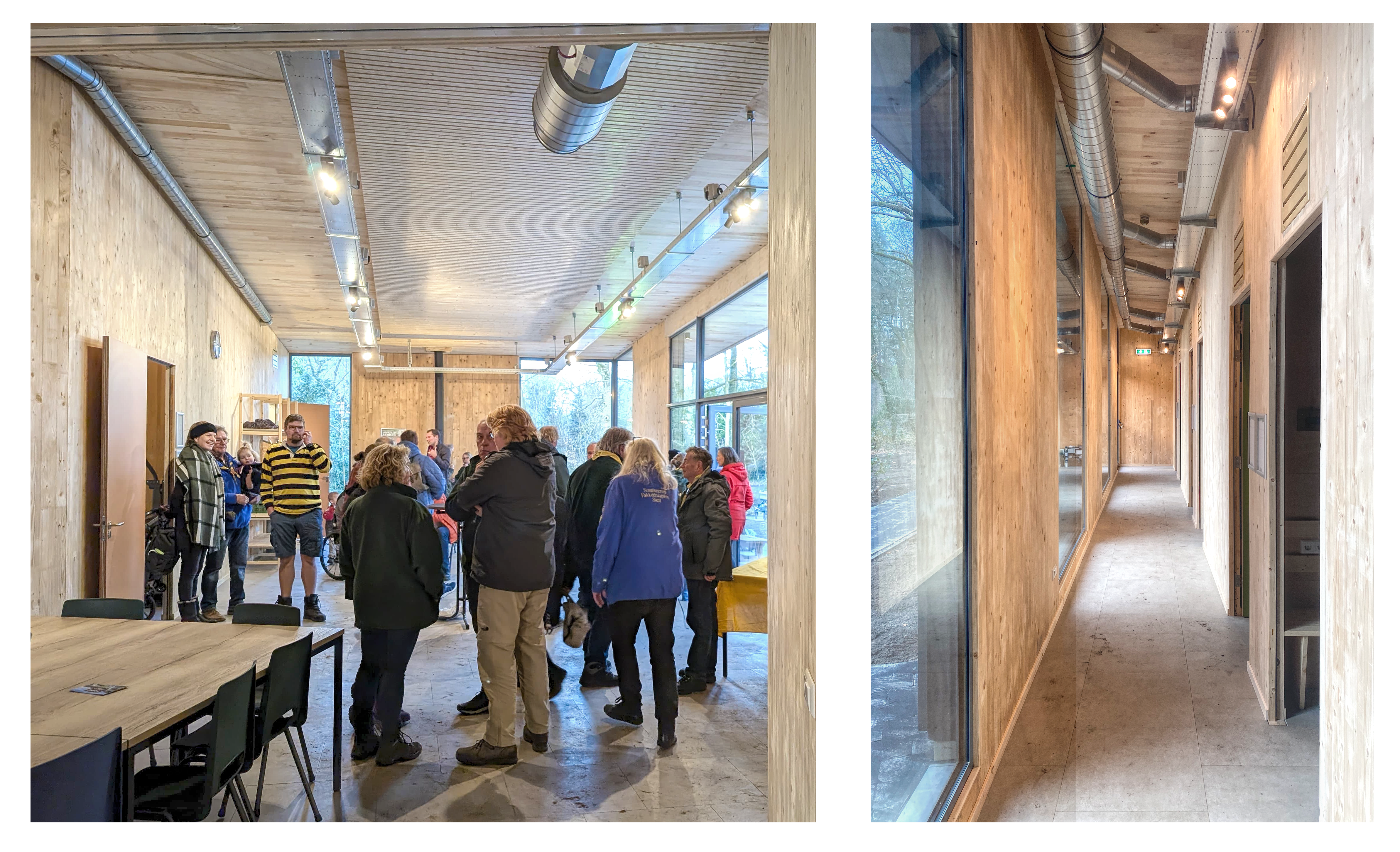 De feestelijke opening van de Beverburcht en Vleermuizengrot op Scoutcentrum Buitenzorg, met burgemeester Mark Röell en Thijs Jansen. De biobased, duurzame en rolstoeltoegankelijke accommodaties, ontworpen door MOST Architecture, Paul Geurts, bieden ruimte aan 80 gasten en combineren innovatieve bouwprincipes met scoutingtraditie en natuur